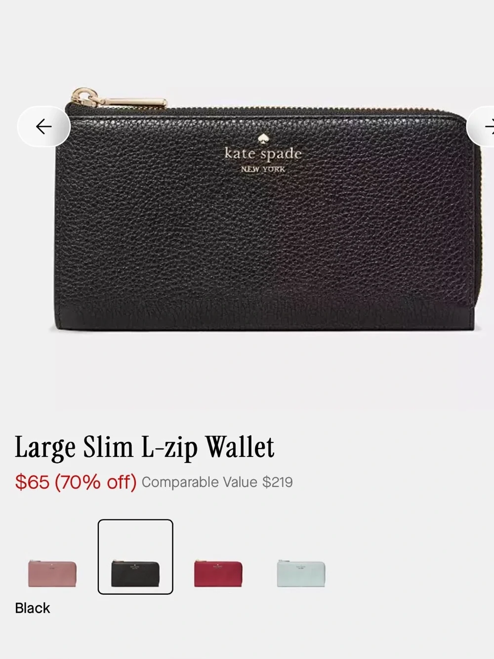 kate spade Black Pebbled Leather Large Slim L-Zip Wallet